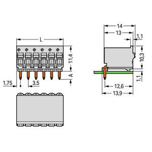 1-провод. розетка, монтаж THТ, угловая; нажимная кнопка; Push-in CAGE CLAMP®; 1,5; Шаг контактов 3,5 мм; 10-пол., Wago # 2091-1380