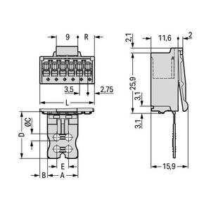 1-проводная вилка; Push-in CAGE CLAMP®; 1,5; Шаг контактов 3,5 мм; 5-пол.; Зажимная планка; прямая маркировка, Wago # 2091-1505/002-3000