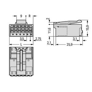 1-проводная вилка; Push-in CAGE CLAMP®; 1,5; Шаг контактов 3,5 мм; 5-пол.; Встроенный рычаг для размыкания, Wago # 2091-1525/002-3000