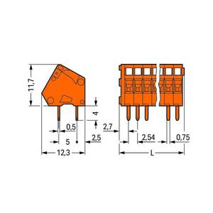 Клемма на печатную плату; 0,5 мм<sup>2</sup>; Шаг контактов 2,54 мм; 7-пол.; CAGE CLAMP®; 0,50 мм<sup>2</sup>; оранжевые, Wago # 233-407