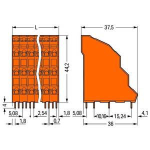 Четырехуровн. клемма на печатную плату; 2,5 мм<sup>2</sup>; Шаг контактов 5,08 мм; 96-пол.; CAGE CLAMP®; 2,50 мм<sup>2</sup>; оранжевые, Wago # 738-424