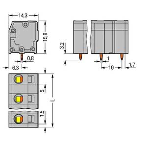 Клемма на печатную плату; 2,5 мм<sup>2</sup>; Шаг контактов 10 мм; 4-пол.; CAGE CLAMP®; 2,50 мм<sup>2</sup>; серые, Wago # 739-3204