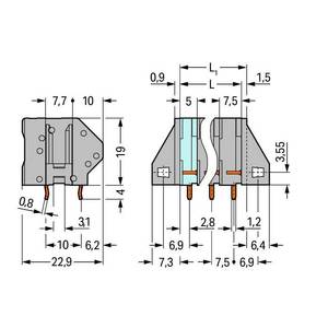 Клемма на печатную плату; 4 мм<sup>2</sup>; Шаг контактов 7,5 мм; 2-пол.; CAGE CLAMP®; опция объединения; 4,00 мм<sup>2</sup>, Wago # 745-152/005-000