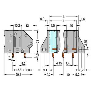 Клемма на печатную плату; 6 мм<sup>2</sup>; Шаг контактов 10 мм; 2-пол.; CAGE CLAMP®; опция объединения; 6,00 мм<sup>2</sup>; серые, Wago # 745-352/005-000