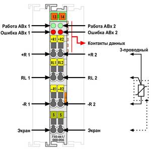 2-канальный модуль аналогового ввода; Измерение сопротивления 10 R - 1k2, Wago # 750-461/000-002
