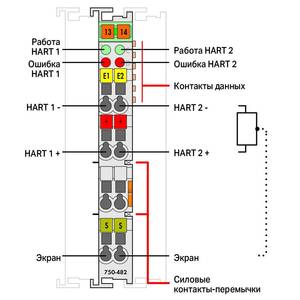 2-канальный модуль аналогового ввода; 4-20 мА HART; Формат данных S7 ПЛК, Wago # 750-482/000-300