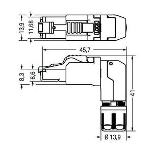 Соединитель ETHERNET; RJ-45; Кат. 6А; угловые; Код T568A; AWG 24; Разгрузка от натяжения, Wago # 750-979/000-021
