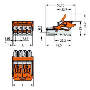 1-conductor female plug; 100% protected against mismating; lever; Locking lever; 10 мм<sup>2</sup>; Pin spacing 7.62 мм; 4-pole, Wago # 831-1104/320-000